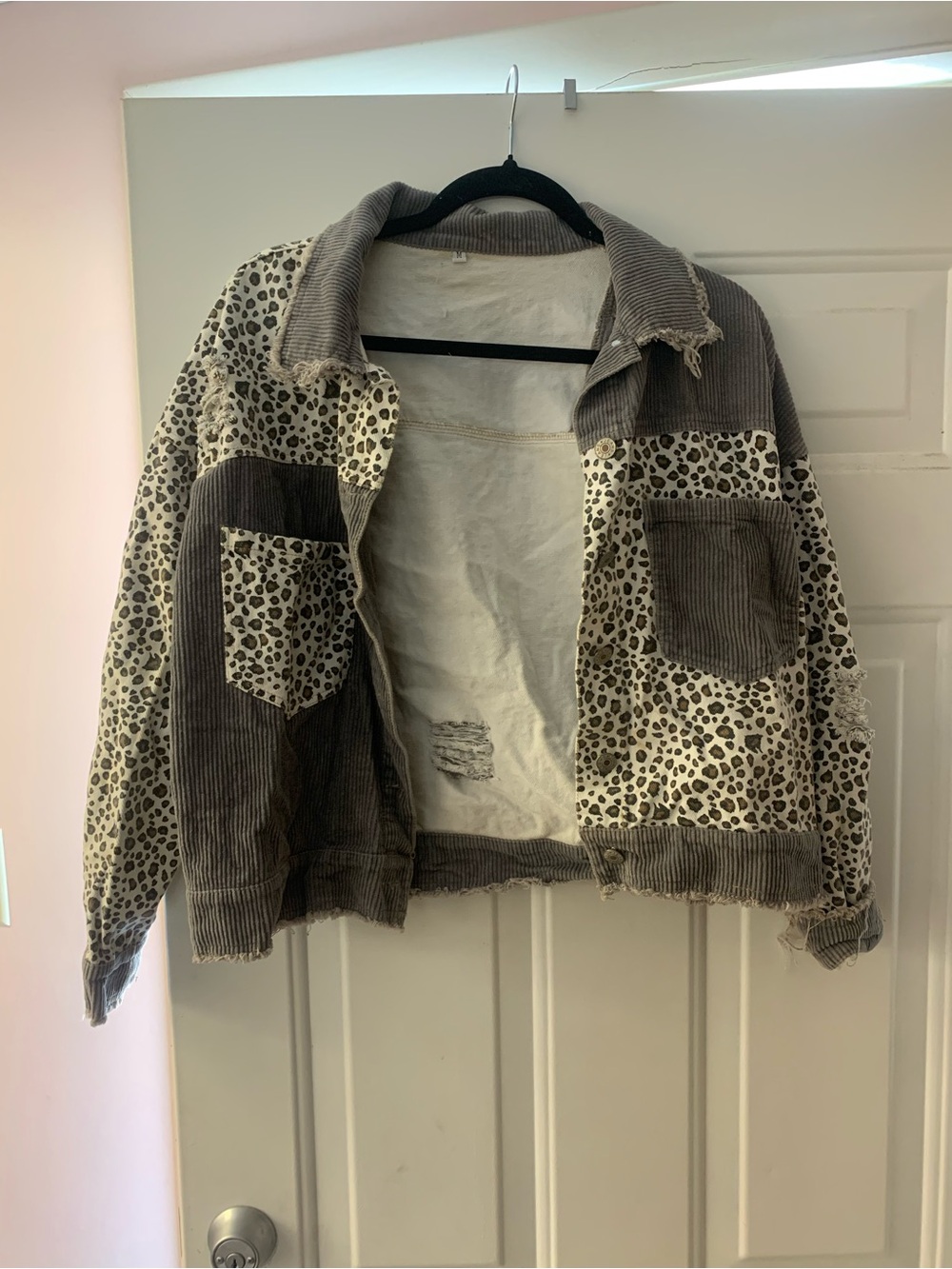 Leopard Panel Corduroy Jean Jacket - Taupe & Cream